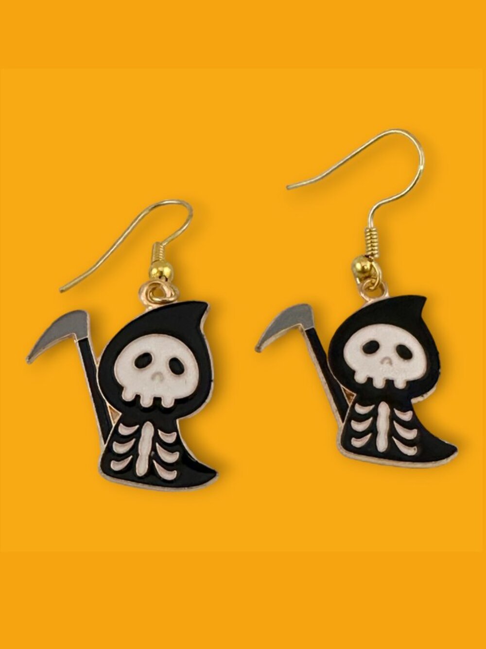 Grim Reaper Enamel Earrings Gold Plated French Hook Ear Wires 1 5/8"